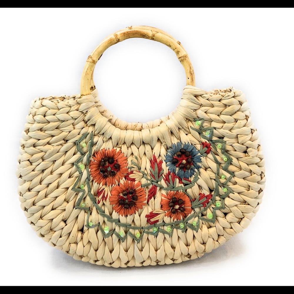 Straw/wicker bag w/bamboo handle w/removable pouch - Picture 6 of 8